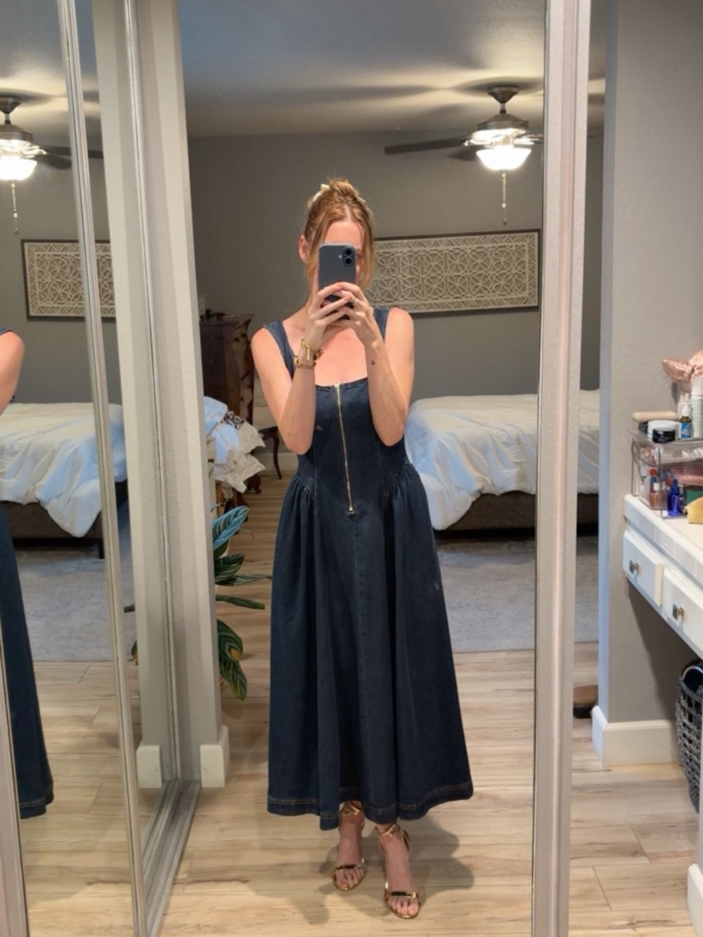Avec Les Filles Dark Blue Denim Zip-Front Midi Dress